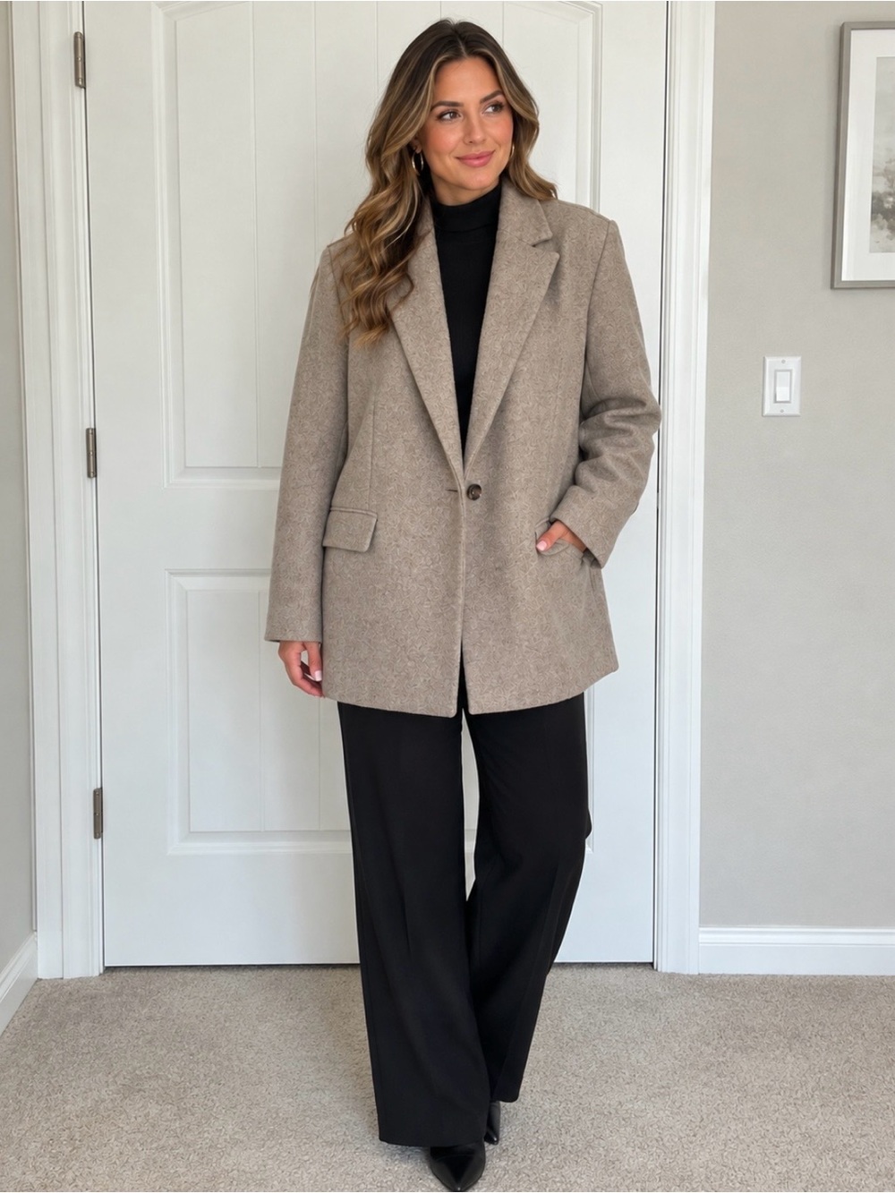 Zara Taupe Single-Button Wool-Blend Blazer